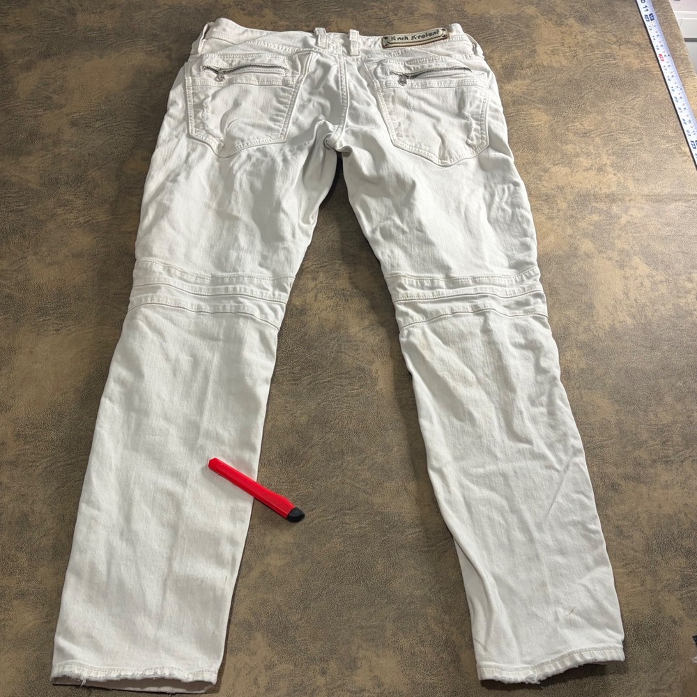 Rock Revival Ivan Moto Jeans Mens 34 White Distressed Biker Slim *STAINS*